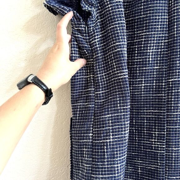 Voy Blue Tweed V-Neck Dress with Contrast Ribbon and Flutter Sleeve Sz S - Picture 7 of 11